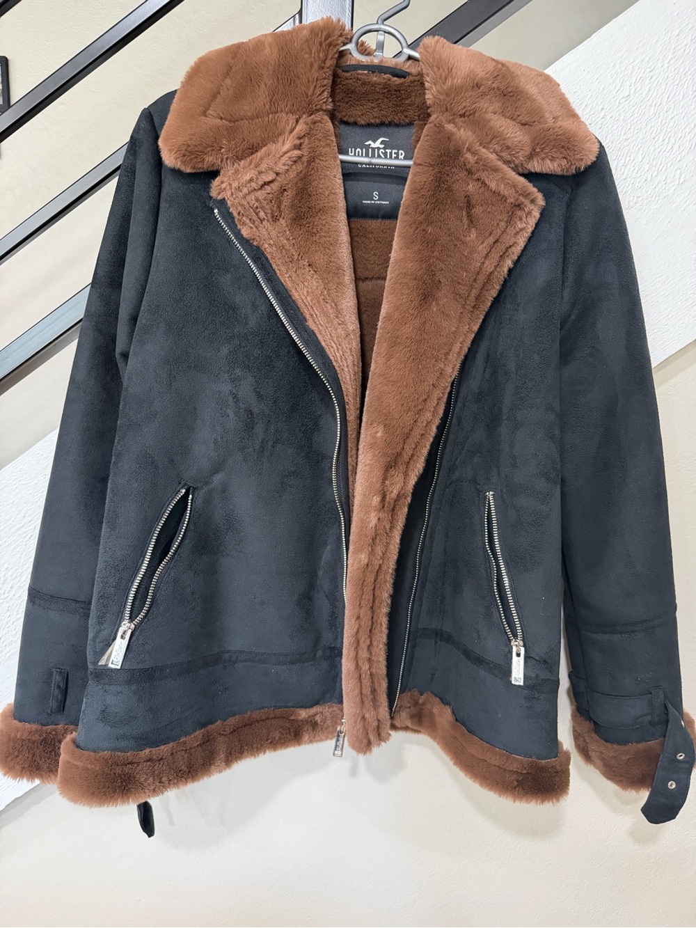 Hollister Black Faux Suede Moto Jacket with Brown Faux Fur Lining